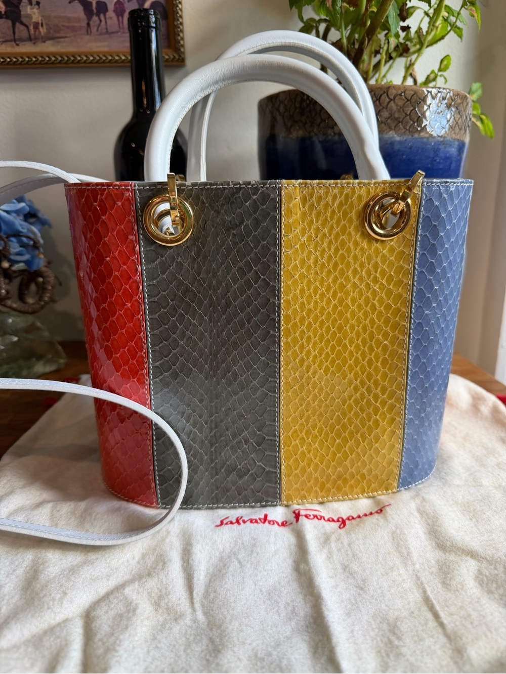 Salvatore Ferragamo Vintage Gancini Multicolor Python Snakeskin Top Handle Bag